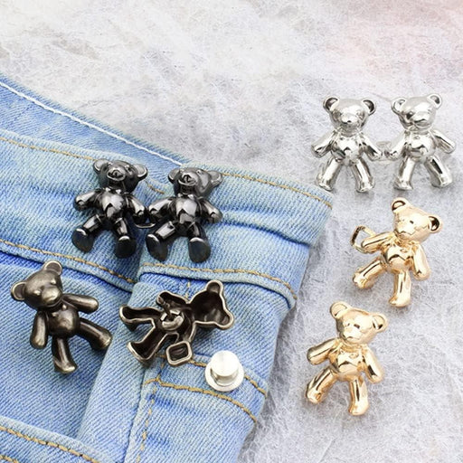 2Pcs Bear Shaped Adjustable Jean Button Waist Buckle Snap Pants Buckle Extender Replacement Jeans Button Safety Pins No Sew Detachable Waist Body Fit Tighten Safety Pins