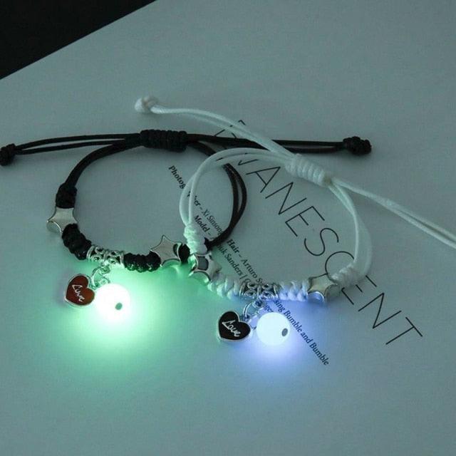 2PCS New Glow In Dark Luminous Cat Star Moon Bracelet Couple Handmade Adjustable Rope Matching Friend Bracelet Luminous Matching Bracelets For Couples Best Friend Gift