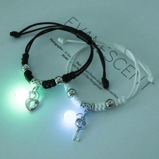 2PCS New Glow In Dark Luminous Cat Star Moon Bracelet Couple Handmade Adjustable Rope Matching Friend Bracelet Luminous Matching Bracelets For Couples Best Friend Gift