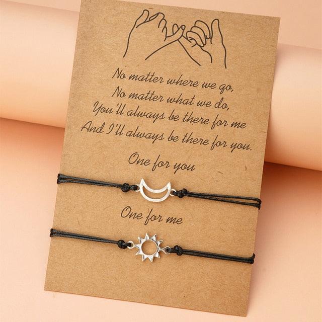 2pcs / Set Minimalist Sun Moon Charm Couple Bracelet Card Love Jewelry Gift Adjustable Braided Rope Bracelets Pinky Pomise Matching Relationship Bracelets For Best Friends Couple