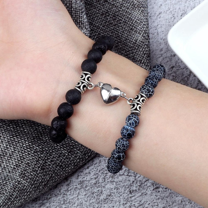 2Pcs/Set Heart Shape Magnet Pendant Bracelet Couples Love Meaningful Natural Stone Bangles Jewelry Bracelet For Couples Elastic Magnetic Field Therapy Bracelet Women Matt Stone Bracelets For Girlfriend