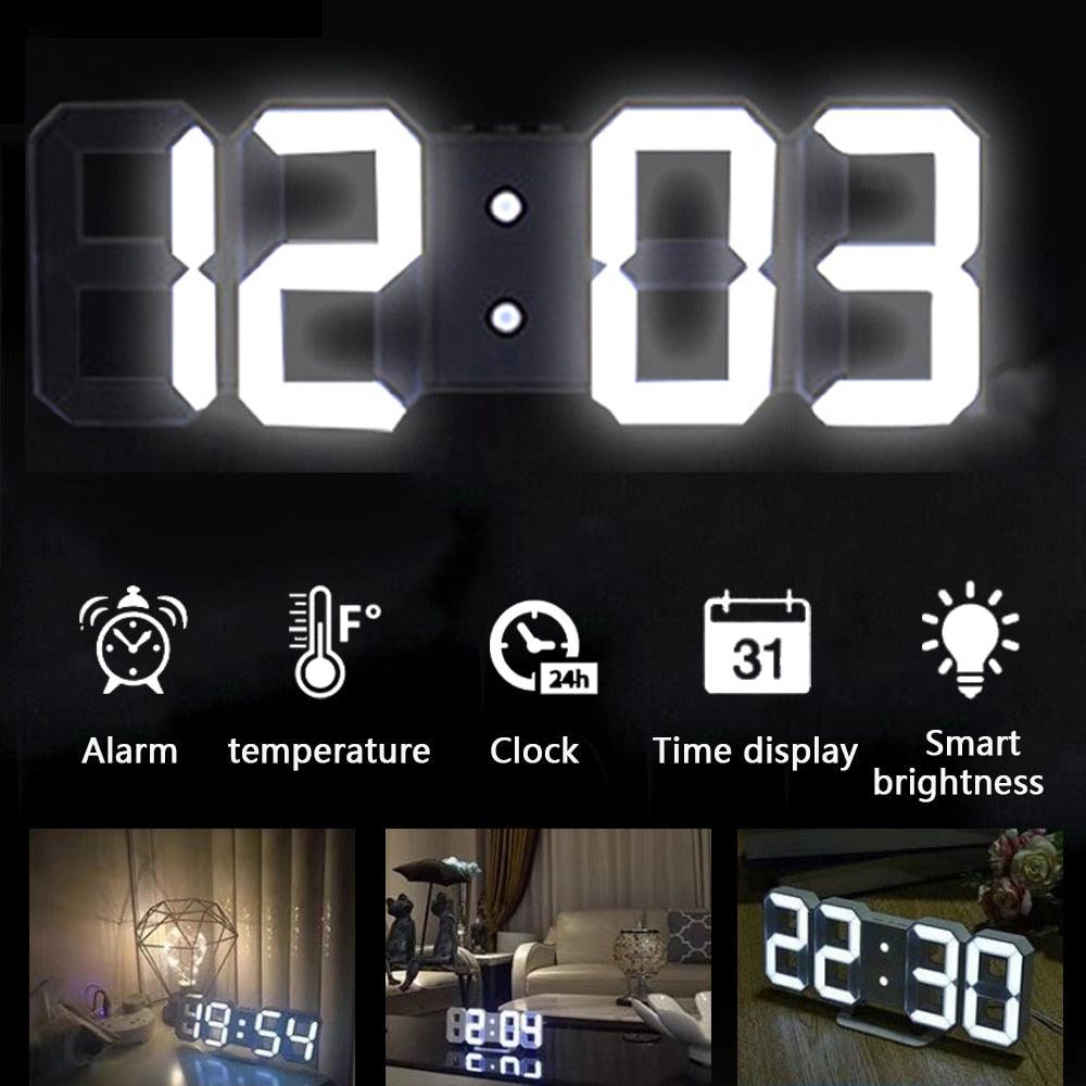 3D Large LED Digital Wall Clock Date Time Celsius Nightlight Display Table Desktop Clocks 3D Digital Alarm Clock Modern Design LED Wall Desk Clocks 12/24H Time /Date/ Temperature Display Nightlight /Brightness Adjustable/ Alarm Clock For Living Room