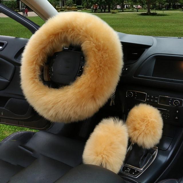 3PCS Fur Steering Wheel Cover Set Real Sheepskin Auto Plush Warm Fluffy Fuzzy Women Winter Fashion Wool Fur Soft Furry Steering Wheel Covers Blue Fluffy Handbrake Cover Gear Shift Cover Fuzz Warm Non-slip Car Decoration Car Accessories for Women Girl