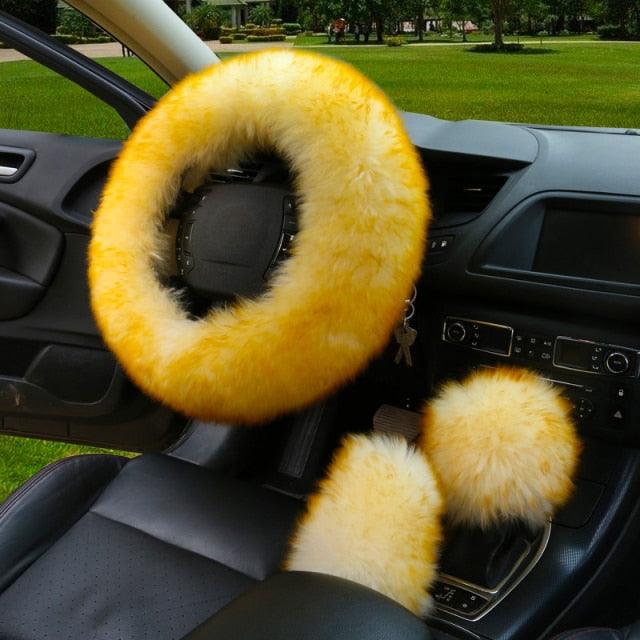 3PCS Fur Steering Wheel Cover Set Real Sheepskin Auto Plush Warm Fluffy Fuzzy Women Winter Fashion Wool Fur Soft Furry Steering Wheel Covers Blue Fluffy Handbrake Cover Gear Shift Cover Fuzz Warm Non-slip Car Decoration Car Accessories for Women Girl