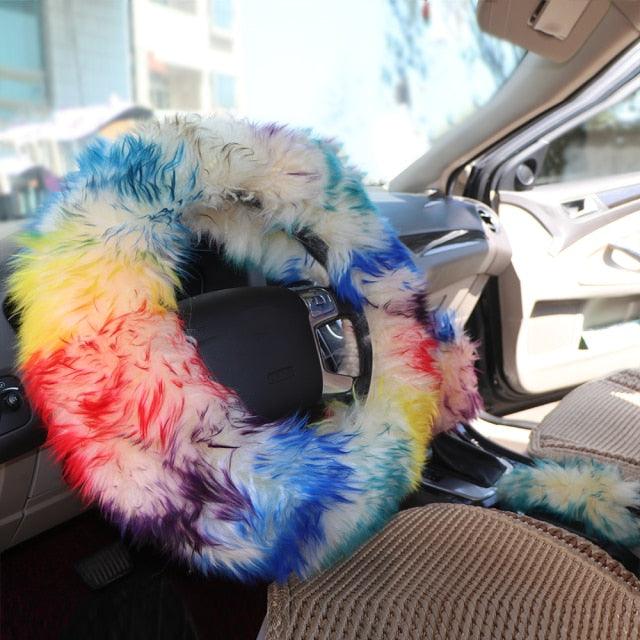 3PCS Fur Steering Wheel Cover Set Real Sheepskin Auto Plush Warm Fluffy Fuzzy Women Winter Fashion Wool Fur Soft Furry Steering Wheel Covers Blue Fluffy Handbrake Cover Gear Shift Cover Fuzz Warm Non-slip Car Decoration Car Accessories for Women Girl