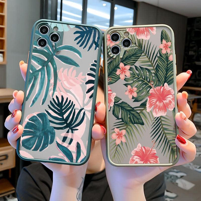 Green Leaves Plant Flower Phone Case for iphone 11 12 13 14 Pro Max Hard Back Shockproof Cover Floral Tropical Design with Slim Glossy Green Palm Leaves Pattern Case