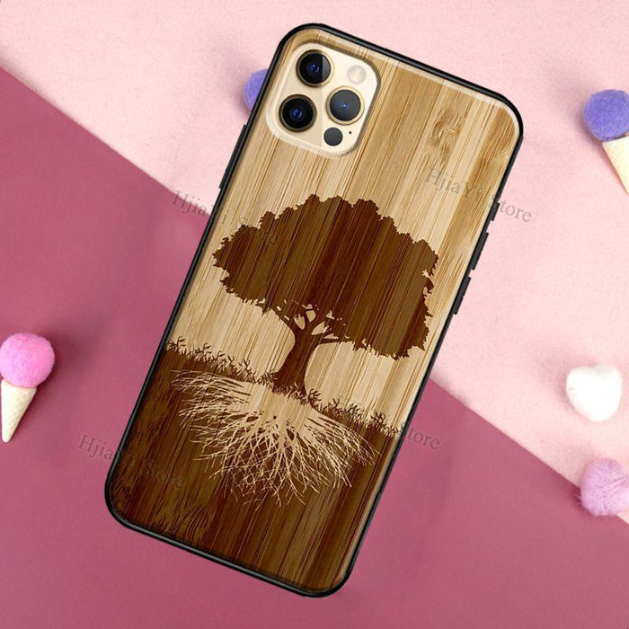 Vintage Tree Flower Bamboo Wood Case For iPhone Pro Max 12 13 min SE For iPhone 13 Shockproof Wooden Texture Protective Cover Unique & Classy Wooden Case