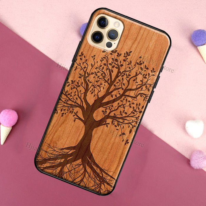 Vintage Tree Flower Bamboo Wood Case For iPhone Pro Max 12 13 min SE For iPhone 13 Shockproof Wooden Texture Protective Cover Unique & Classy Wooden Case