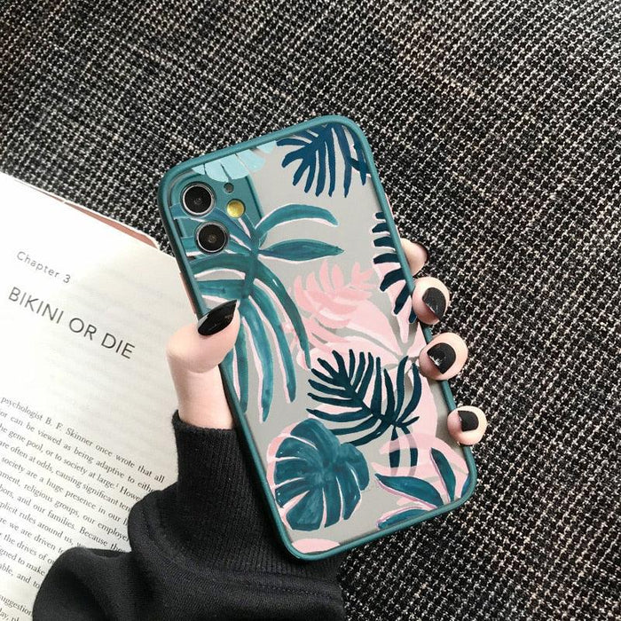 Green Leaves Plant Flower Phone Case for iphone 11 12 13 14 Pro Max Hard Back Shockproof Cover Floral Tropical Design with Slim Glossy Green Palm Leaves Pattern Case