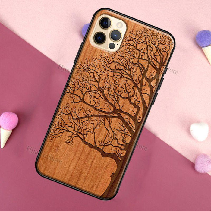 Vintage Tree Flower Bamboo Wood Case For iPhone Pro Max 12 13 min SE For iPhone 13 Shockproof Wooden Texture Protective Cover Unique & Classy Wooden Case