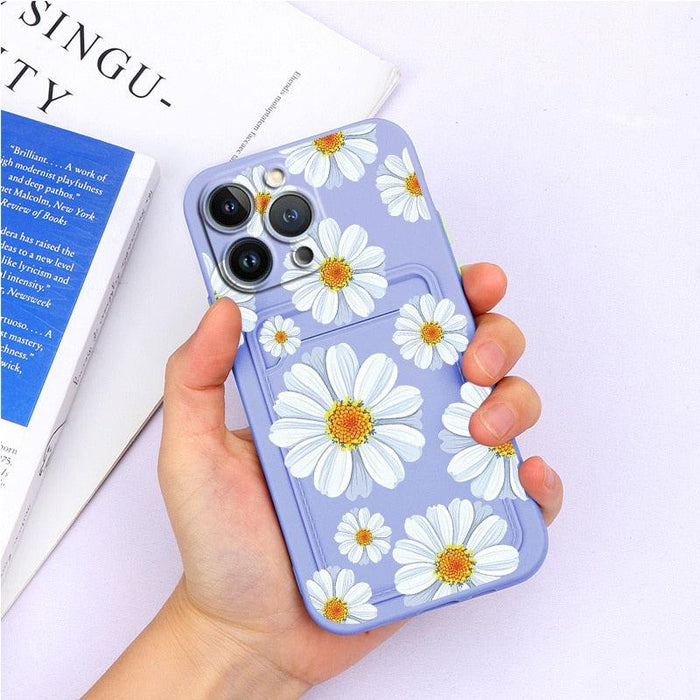 Charming Silicone Soft Anti-Scratch Cases For iPhone 13 Pro Max Case Silicone Wallet Card Holder Cover For iPhone 13 Mini 13ProMax 13Pro Flower Butterfly Beautiful Design Card Holder iPhone Case