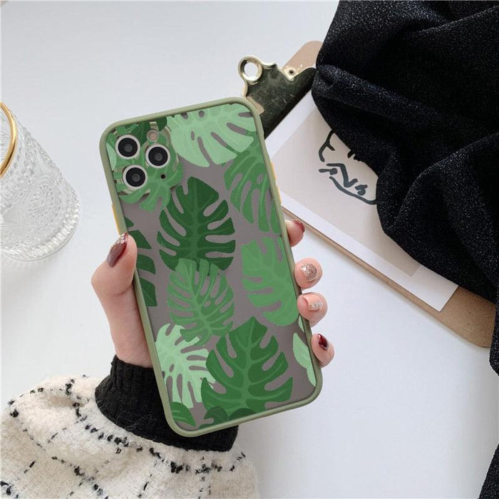 Green Leaves Plant Flower Phone Case for iphone 11 12 13 14 Pro Max Hard Back Shockproof Cover Floral Tropical Design with Slim Glossy Green Palm Leaves Pattern Case