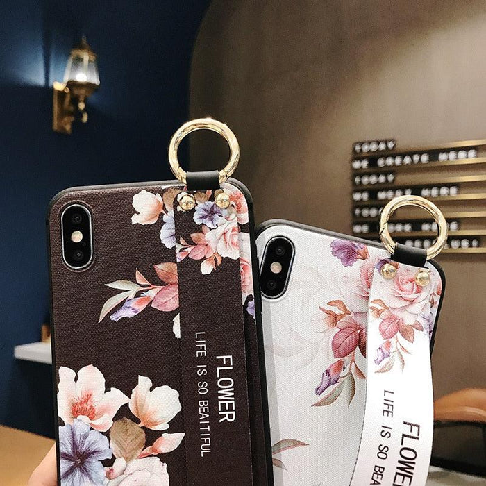 Rose Flowers Wrist Strap Phone Cases For iPhone 13 12 11 14 pro MAX X XR XS MAX 7 8 Plus Cover  Hand Band Cases Soft Full Protection Slim Colorful Protective Phone Case For iPhone