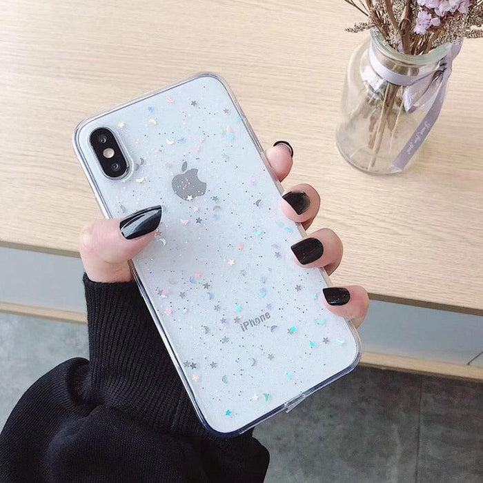 Transparent Glitter Phone Case For iPhone 11 12 13 14 Pro Max Love Heart Star Sequins Soft Clear Cover Shiny Sparkle Cover With Mini Heart Soft Lightweight Slim Protective Phone Cases Shockproof Flexible Bumper Cover for Women