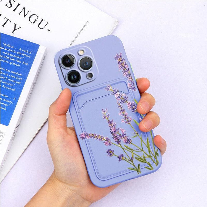 Charming Silicone Soft Anti-Scratch Cases For iPhone 13 Pro Max Case Silicone Wallet Card Holder Cover For iPhone 13 Mini 13ProMax 13Pro Flower Butterfly Beautiful Design Card Holder iPhone Case