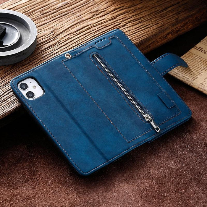 Business Blue New Cards Flip Leather Case For iPhone 14 13 12 11 Pro Max 10 X 6 6s 7 8 Plus XR XS Max Multifunctional Wallet Phone Case  Multi-Card Wallet Leather iphone Case