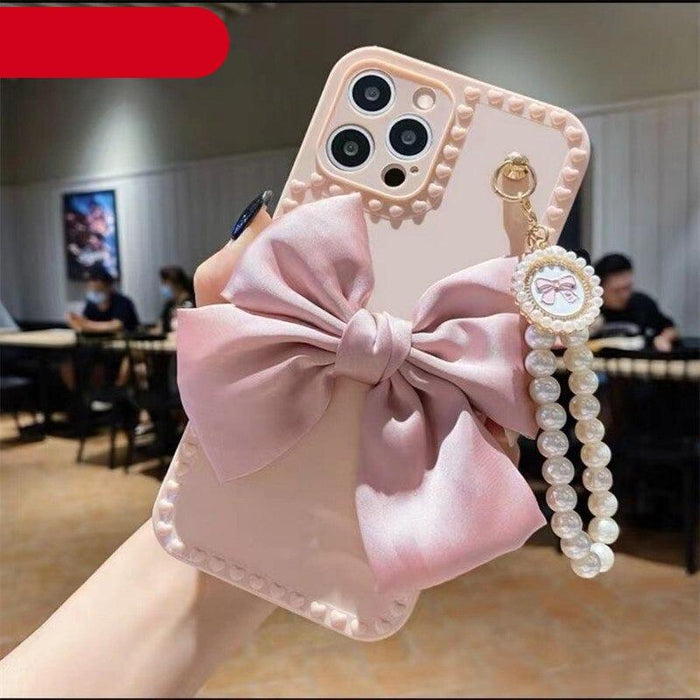 Pearl Bracelet With Fabric Bow Phone Case For iphone 13 12 11 13 Pro Max Mini X XR XS Max 6 S 7 8 Plus Soft Phone Shell Handmade Bow Pearl Bracelet Clear Laser Heart Phone Case for Women