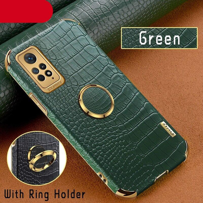 Redmi Note11 Ring Holder Case Luxury Crocodile Cover Gold Edge 360 Degree Rotation Stand Pro Crocodile Pattern Leather Plating Cover For Xiaomi Redmi Note 10 10S 11S 11 Pro Plus Xiomi Note10 Cases