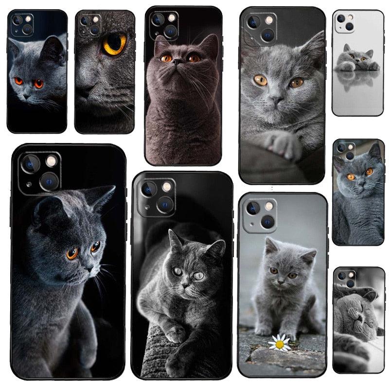 Beautiful Grey British Shorthair Cat Case For iPhone 12 13 Mini 13 11 12 14 Pro Max XS X XR 6S 7 8 Plus SE 2020 Silicone Cover Silicone Soft Black Moon Smooth Print Design