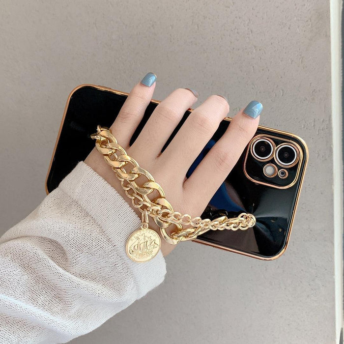 Luxury Glossy Gold Color Metal Coin Bracelet Chain Protective Case Cover For iPhone Soft Case for iPhone 13 12 Pro Max 14 11 pro max X XS XR 7 8 Plus Cover