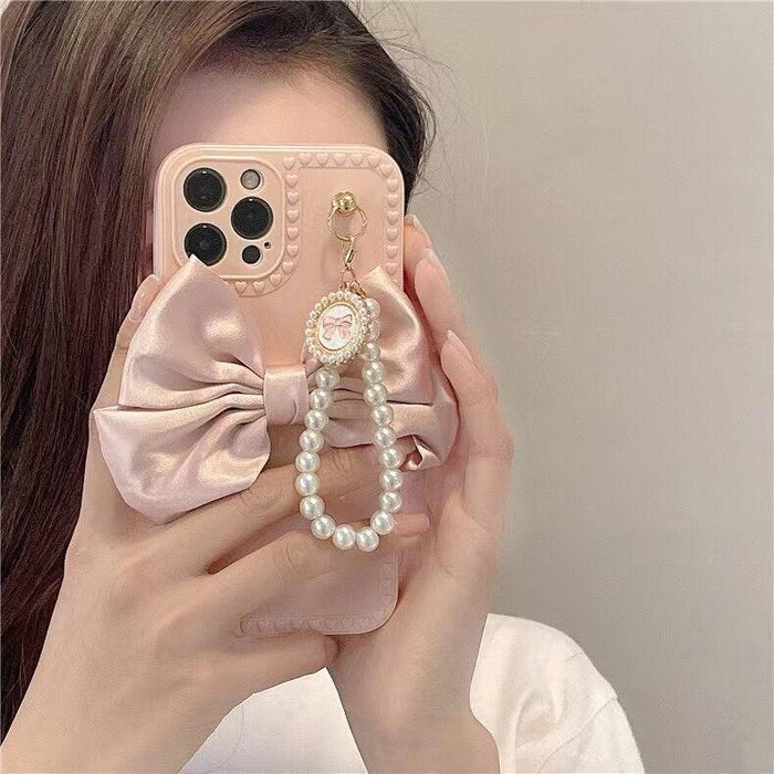 Pearl Bracelet With Fabric Bow Phone Case For iphone 13 12 11 13 Pro Max Mini X XR XS Max 6 S 7 8 Plus Soft Phone Shell Handmade Bow Pearl Bracelet Clear Laser Heart Phone Case for Women