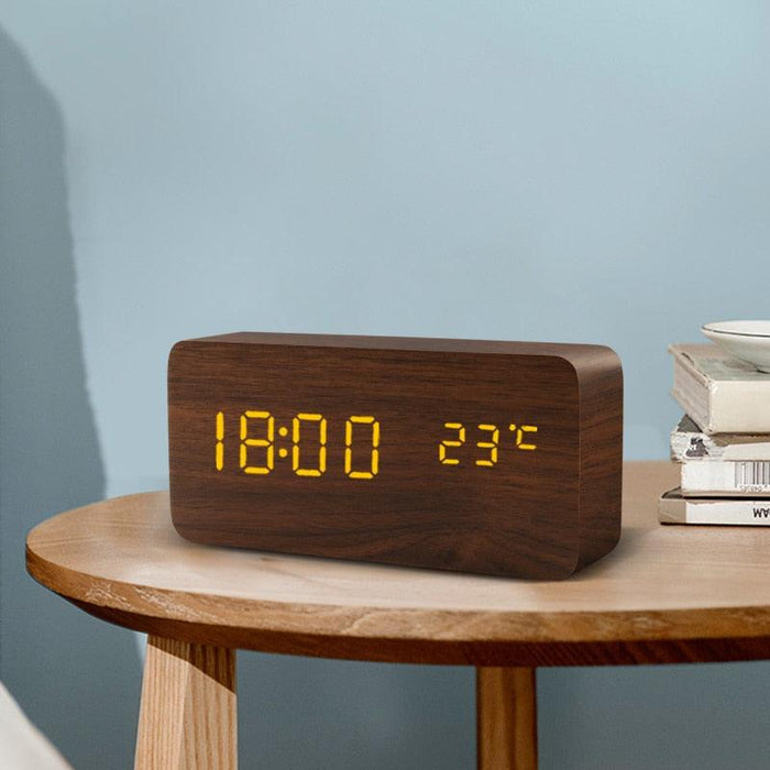 Alarm Clock LED Wooden Watch Digital Alarm Clock with Wooden Electronic LED Time Display 3 Alarm Settings Humidity & Temperature Detect Wood Made Electric Clocks Table Voice Control Digital Wood USB/AAA Powered Electronic Desktop Clocks