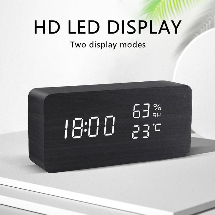 Alarm Clock LED Wooden Watch Digital Alarm Clock with Wooden Electronic LED Time Display 3 Alarm Settings Humidity & Temperature Detect Wood Made Electric Clocks Table Voice Control Digital Wood USB/AAA Powered Electronic Desktop Clocks