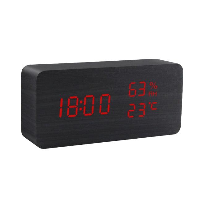 Alarm Clock LED Wooden Watch Digital Alarm Clock with Wooden Electronic LED Time Display 3 Alarm Settings Humidity & Temperature Detect Wood Made Electric Clocks Table Voice Control Digital Wood USB/AAA Powered Electronic Desktop Clocks