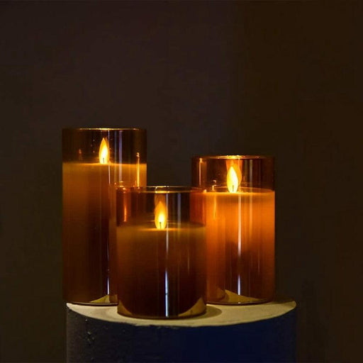 Amber Glass LED Flameless Candles Real Pillar Wax Flickering Moving Wick Effect Gold Halloween Glass Candle Set with Remote Control Cycling Timer Flickering With Remote Battery Operated For Wedding Festival Decorations Gift