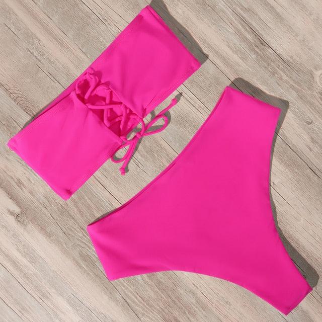 Bandage Bikini Swimwear Women Swimsuit High Waist Bikini Set Bathing Suit Push Up Women's Spaghetti Strap Bandeau Lace Up High Waist 2PCS Bikini Set