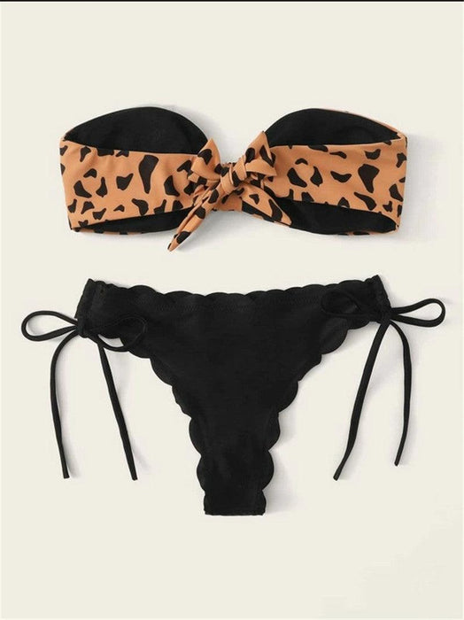 Beach Bikini Woman Lace Up Tie Strapless Leopard Swimsuit  Women's Halter Bikini V Cut Bottom Lace Up Two Piece Swimsuits Female Push Up Ruffled Bow Bathing Suit Thong Swimwear