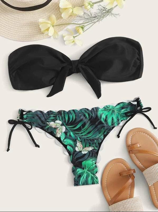 Beach Bikini Woman Lace Up Tie Strapless Leopard Swimsuit  Women's Halter Bikini V Cut Bottom Lace Up Two Piece Swimsuits Female Push Up Ruffled Bow Bathing Suit Thong Swimwear