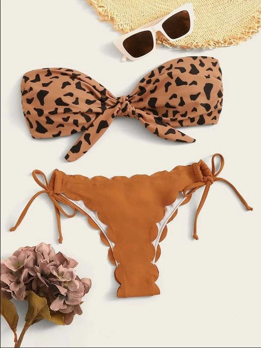 Beach Bikini Woman Lace Up Tie Strapless Leopard Swimsuit  Women's Halter Bikini V Cut Bottom Lace Up Two Piece Swimsuits Female Push Up Ruffled Bow Bathing Suit Thong Swimwear