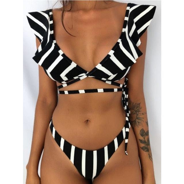 Beach Bikini Woman Lace Up Tie Strapless Leopard Swimsuit  Women's Halter Bikini V Cut Bottom Lace Up Two Piece Swimsuits Female Push Up Ruffled Bow Bathing Suit Thong Swimwear