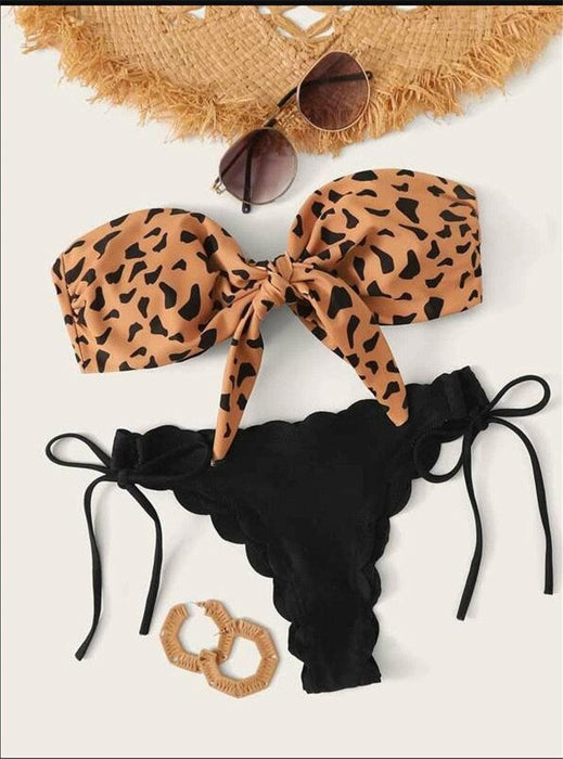 Beach Bikini Woman Lace Up Tie Strapless Leopard Swimsuit  Women's Halter Bikini V Cut Bottom Lace Up Two Piece Swimsuits Female Push Up Ruffled Bow Bathing Suit Thong Swimwear