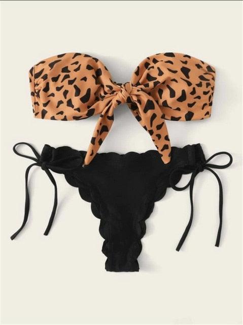 Beach Bikini Woman Lace Up Tie Strapless Leopard Swimsuit  Women's Halter Bikini V Cut Bottom Lace Up Two Piece Swimsuits Female Push Up Ruffled Bow Bathing Suit Thong Swimwear