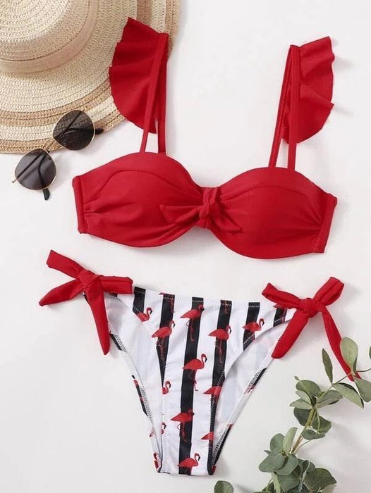 Beautiful Floral Push Up Women Bikini Push Up Bathing Suits Tie Knot Cute Ruffle Two Piece Swimsuits Swimsuit Female Swimwear Bra Cup Bikini Set High Cut Bathing Suit For Summer