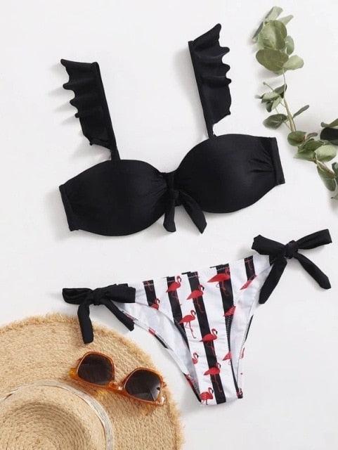 Beautiful Floral Push Up Women Bikini Push Up Bathing Suits Tie Knot Cute Ruffle Two Piece Swimsuits Swimsuit Female Swimwear Bra Cup Bikini Set High Cut Bathing Suit For Summer