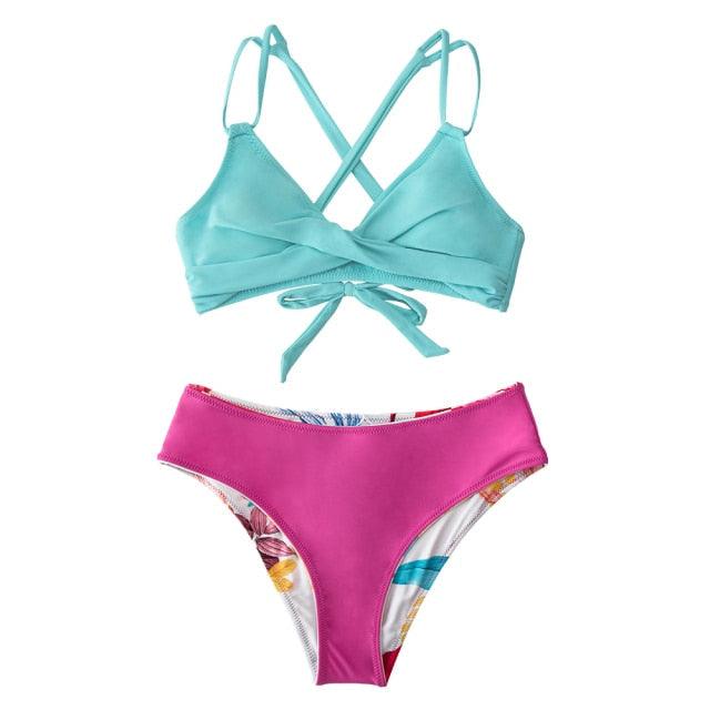 Beautiful Pink Blue Mid Waist Bikini Sets Women Light Aqua And Leafy Two Pieces Swimsuits  New Bathing Suit Fashion Women's Swimsuit High Cut Bikini Push Up Charming Beach Two Piece Bathing Suits