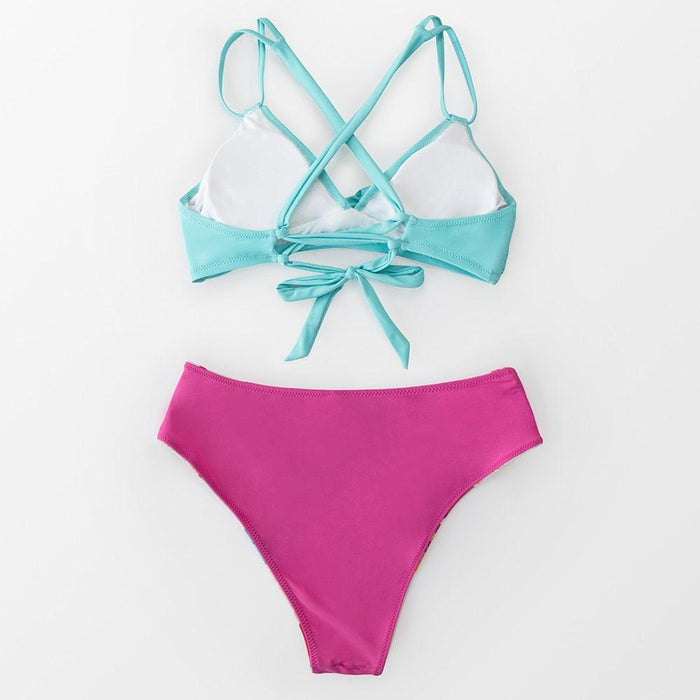 Beautiful Pink Blue Mid Waist Bikini Sets Women Light Aqua And Leafy Two Pieces Swimsuits  New Bathing Suit Fashion Women's Swimsuit High Cut Bikini Push Up Charming Beach Two Piece Bathing Suits