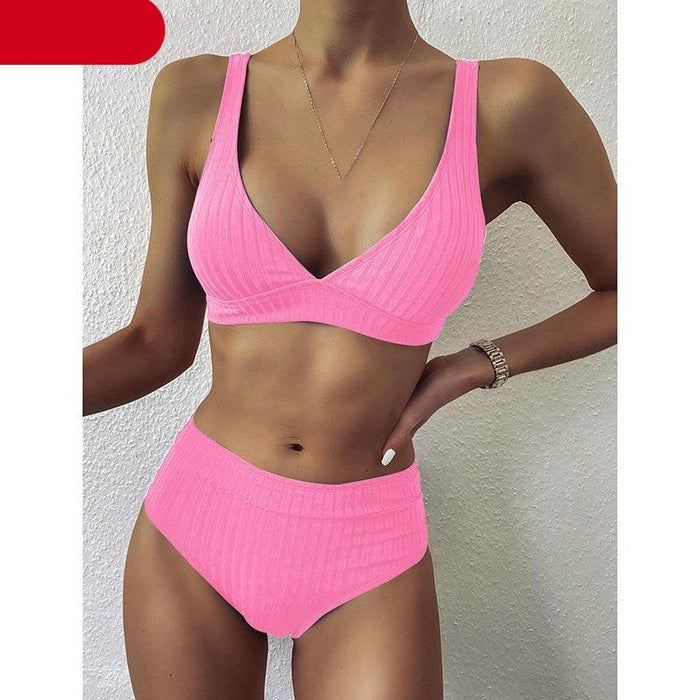 Bikini High Waist Swimwear Women's Swimsuits Push Up Ribbed Bathing Suits Black V-Neck Bikinis Set  High Waist Tummy Control Bathing Suits For Women Deep V Neck Black Comfortable Beachwear