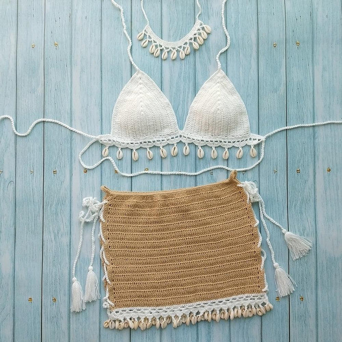 Bikini Set Woman Crochet Shell Tassel Bikini Top And Seashell Beach Skirt Lace See Through Bikini Women Beach Summer 2 Piece Outfits Crochet Mesh Bikini Top and Skirt Set