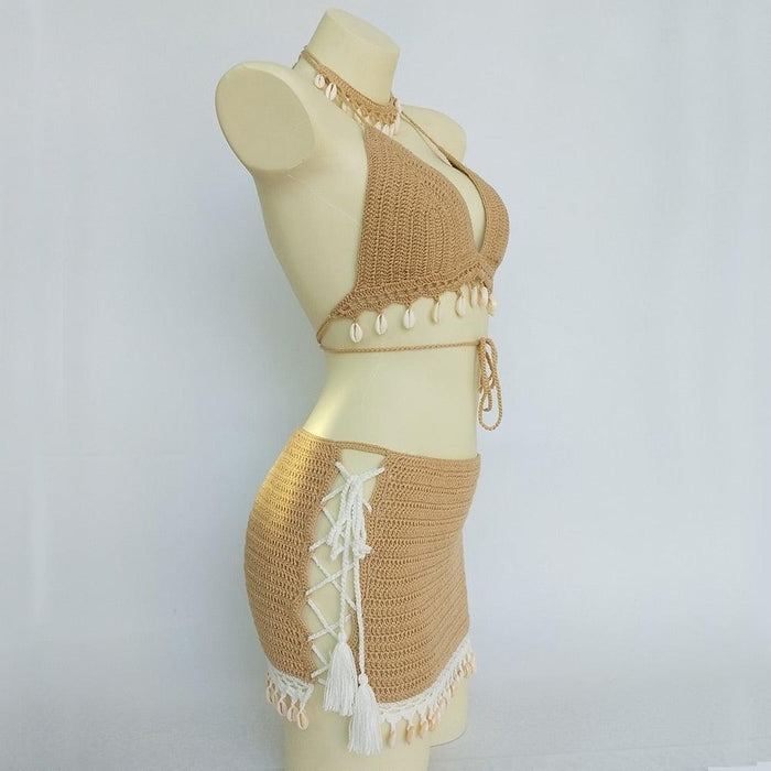 Bikini Set Woman Crochet Shell Tassel Bikini Top And Seashell Beach Skirt Lace See Through Bikini Women Beach Summer 2 Piece Outfits Crochet Mesh Bikini Top and Skirt Set