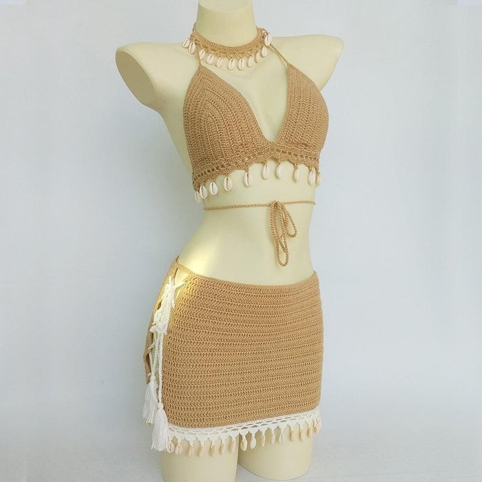 Bikini Set Woman Crochet Shell Tassel Bikini Top And Seashell Beach Skirt Lace See Through Bikini Women Beach Summer 2 Piece Outfits Crochet Mesh Bikini Top and Skirt Set