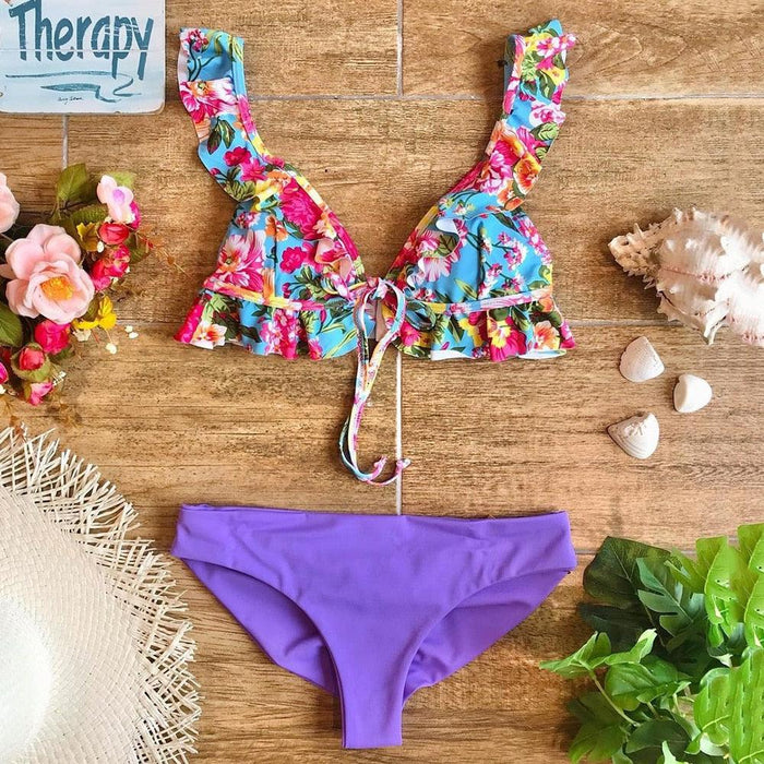 Bikini Set Women Swimwear Push Up Swimsuit Top Solid Bottom Print Bathing Suit Swim Wear Beach Women’s Floral Print Push-Up V-Wire Lettuce Bikini Set High Cut Spaghetti Straps Underwire Padded Swimsuit