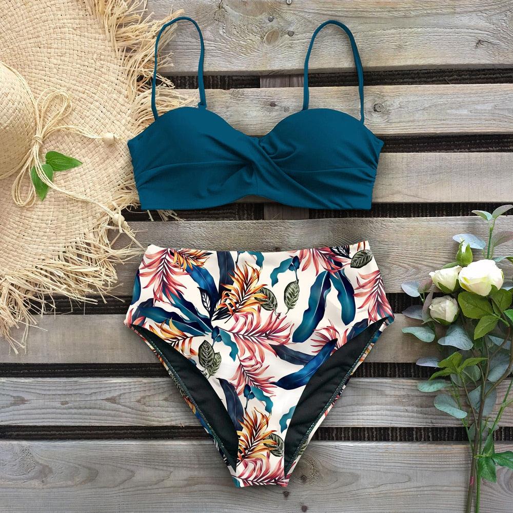 Bikini Swimsuit Women Swimwear Push Up Bikinis Set Leaf Print Female High Waist Swimming Suits For Bathing Suit Women Swimsuit Floral Print Bathing Suit Twist Front High Waist Bikini Set