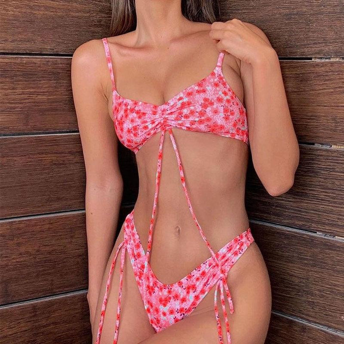 Bikini Triangle Adjust Swimwear Women's Crisscross Halter Bikini Lace Up Back Bandage Two Piece Strappy Bathing Suits G String Thong Swimwear Women Bathing Suit Hollow Out Quality Pleated Swimsuit Female Double-Sided Bikini Set