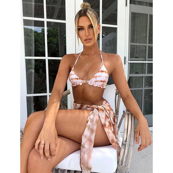 Bikini Women Push Up Swimsuit 3 Piece Bikini Set With Cover Up Women's Fashion 3 Piece Tie Dye Top Bikini Set Swimsuit Cover Up Skirt Swimwear Push Up Bather Swim Wear