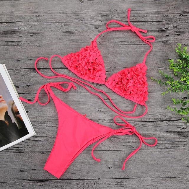 Bikinis  New 3D Flower Swimwear Solid Bikini Bandage Swimsuit Women's Solid Halter Padded Push Up Bikini Set Two Pieces Swimsuit Swimwear Bathing Suit Bikini Set Female Cute Ladies Beachwear Push Up Bikini