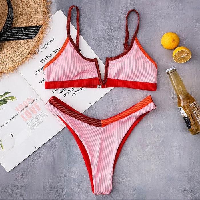 Bikinis Ribbed Swimwear Women's Swimsuit Push Up Bathing Suit Solid Patchwork High Cut Bikini Set Women Padded Push up Bikini Set Halter Two Piece Cross Top Swimsuit Patchwork Bathing Suit